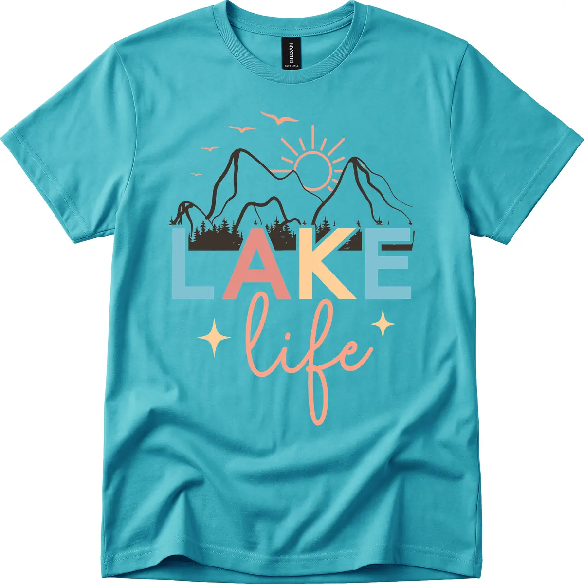 Mountain Lake Life Typography T-Shirt in Tropical Blue